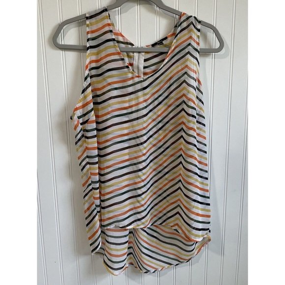 Milano Shirt Womens Large Striped‎ Tank Top Blouse Hi Lo Hem Tunic V Neck - Picture 1 of 14